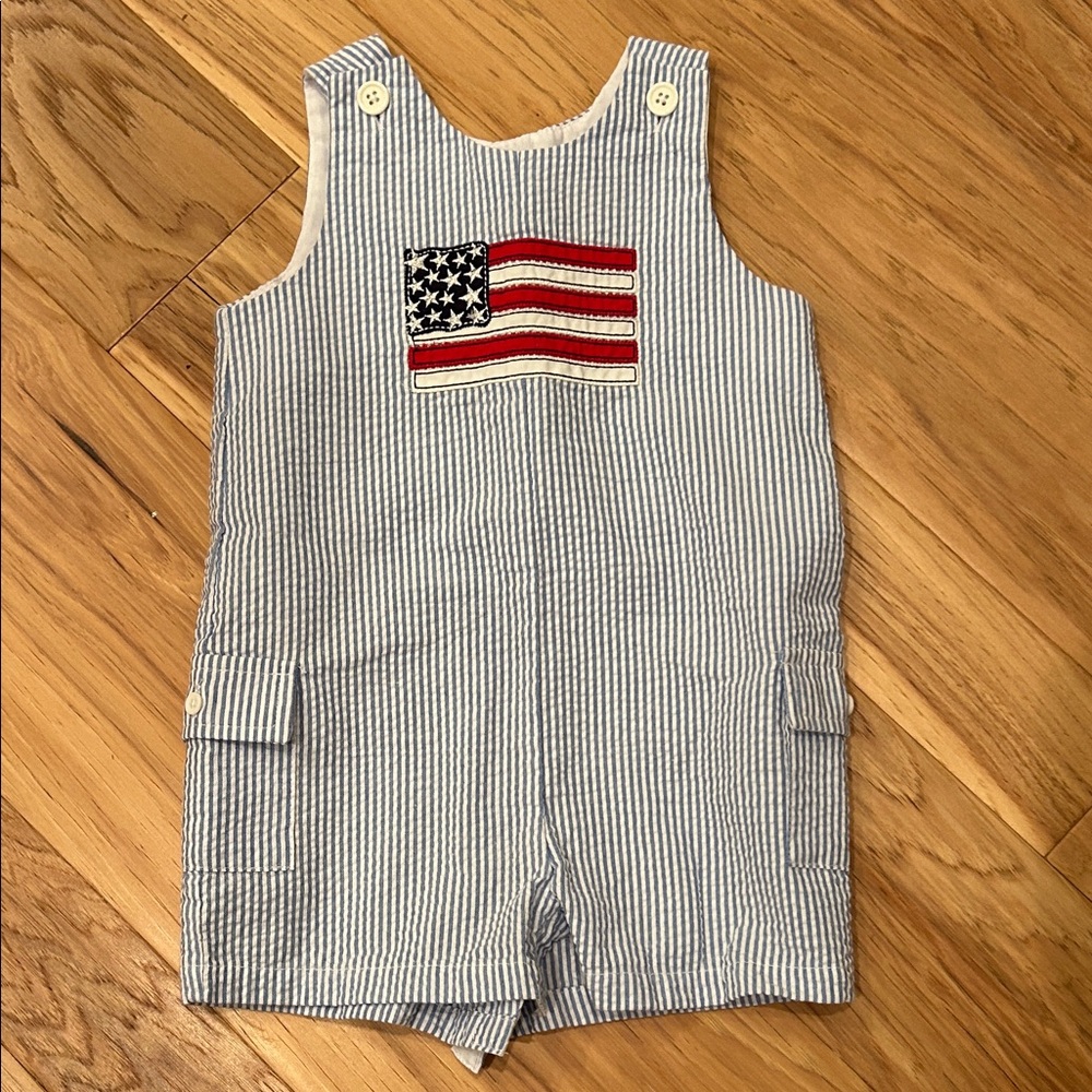 Striped Blue and White Overalls with Flag Patch